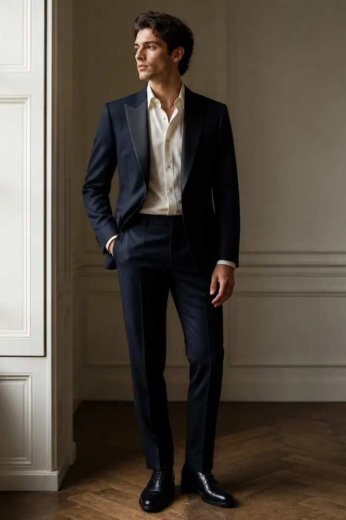 A midnight navy dinner jacket with satin-like lapel trim and an ivory dress shirt. The trousers are tailored and dark, and the shoes are black leather with a low shine.