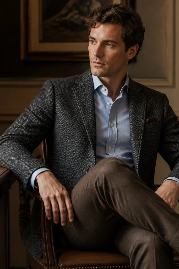 A herringbone blazer in dark gray with a light blue dress shirt. Brown wool trousers and leather lace-up shoes sit under warm lighting.