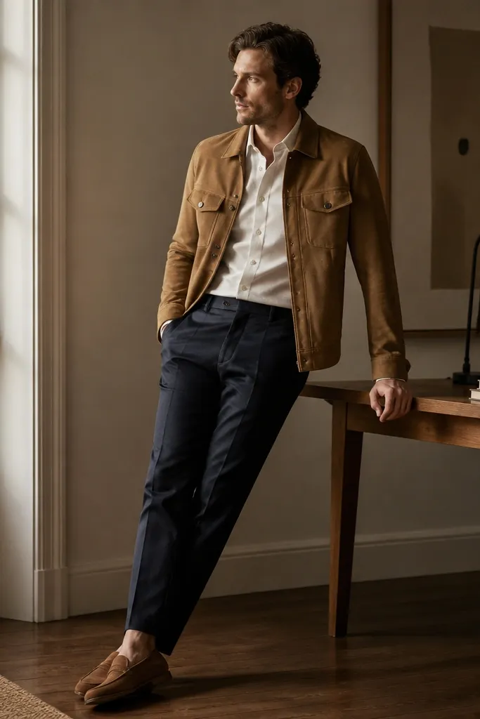 A tan suede jacket over a white button-down shirt. Navy trousers with a tailored fit and suede loafers in a darker tan tone.