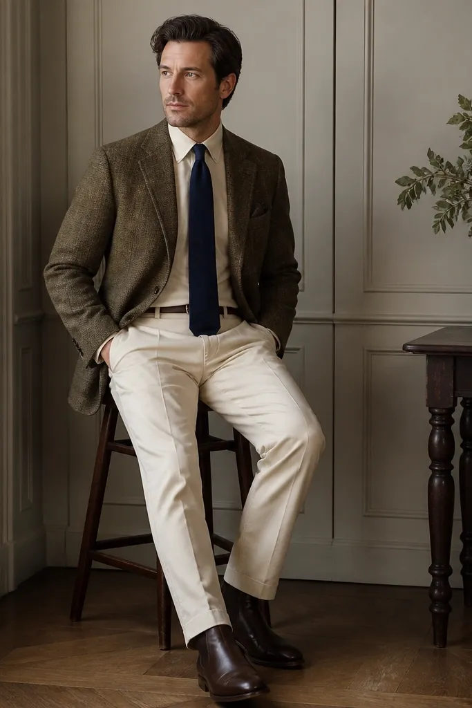 A tweed sport coat in olive-brown tones over a cream shirt and navy tie. Cream chinos and dark brown boots complete the outfit.