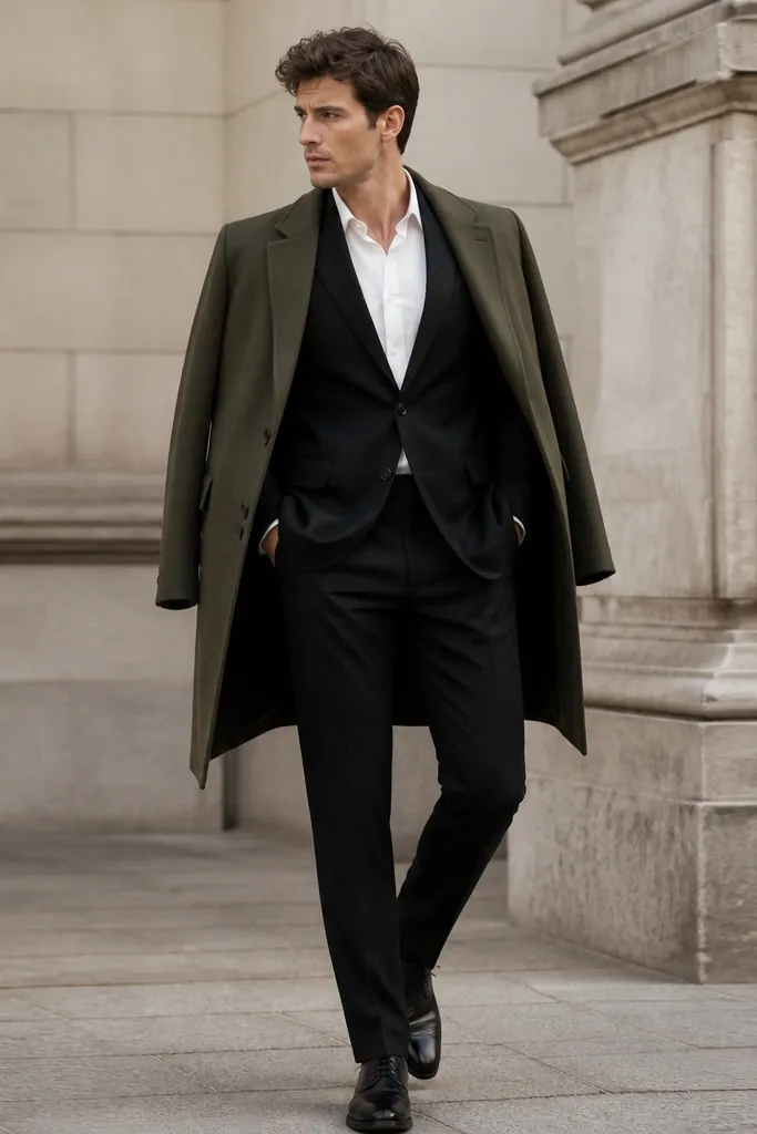A black suit with a white dress shirt. An olive overcoat hangs open over the shoulders, and the shoes are black leather.