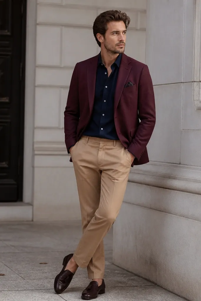 A burgundy blazer with a navy button-down shirt. Tan chinos and dark brown leather loafers finish the look.