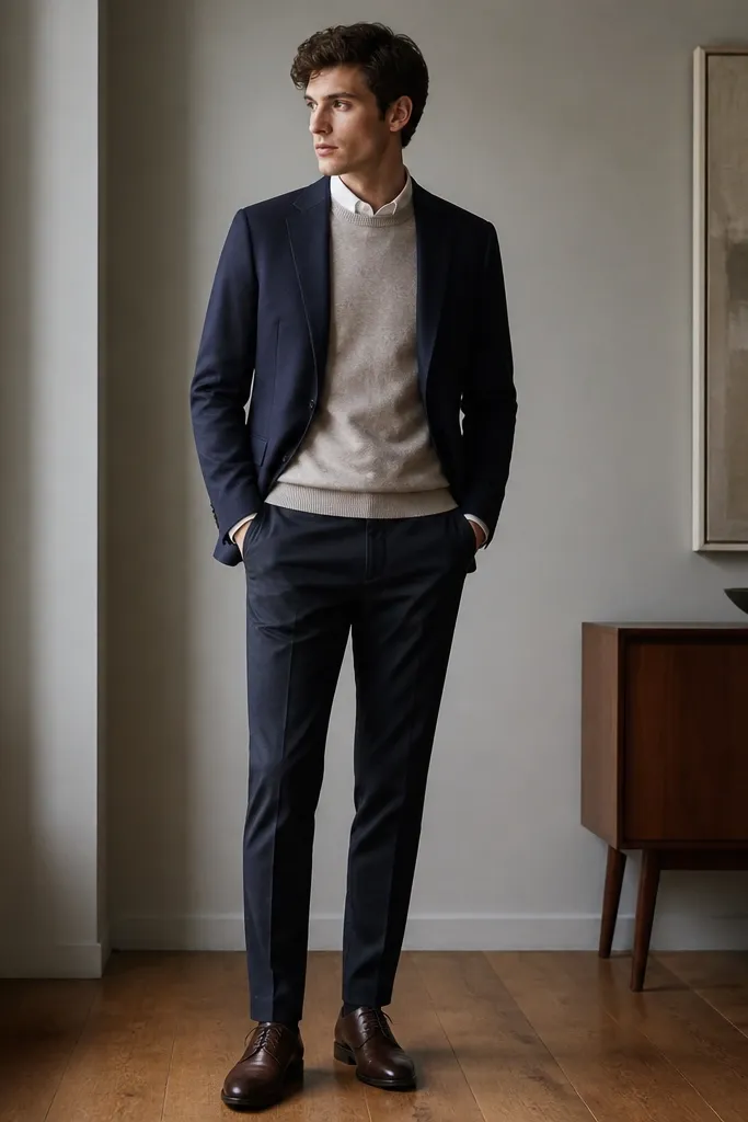 A navy blazer worn over an oatmeal crewneck sweater. A white shirt collar peeks out at the neckline. Dark trousers and brown leather shoes complete it.