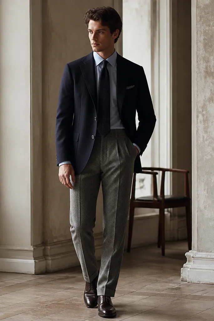 Grey flannel trousers paired with a navy blazer. A knit tie sits with a collared shirt, and the shoes are dark leather oxfords.