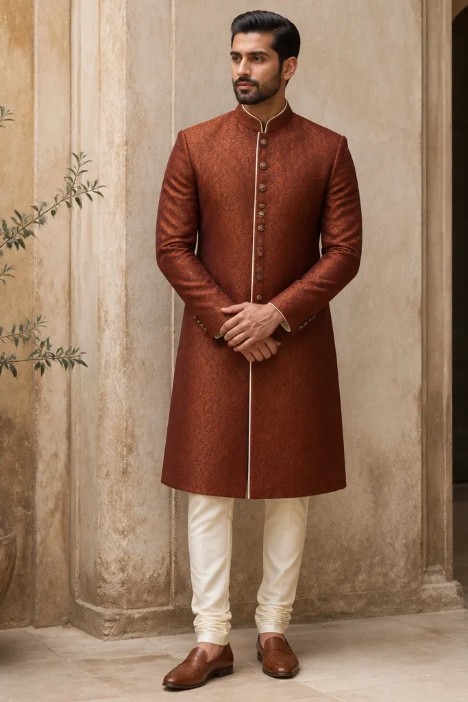 A men's formal rust-brown sherwani with subtle jacquard texture, standing collar, and thin warm ivory silk piping along the placket. The model wears a crisp off-white churidar and cognac leather loafers.