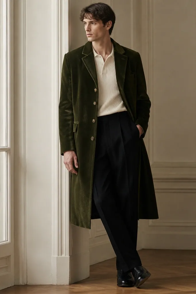 A deep olive velvet long coat with a single-breasted front and small champagne-gold buttons. The outfit includes black tailored trousers and a cream knit shirt.