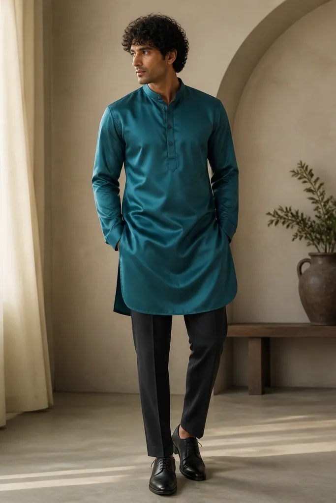 A warm teal satin kurta with a subtle sheen and a mandarin collar. The model pairs it with charcoal tailored trousers and black leather dress shoes.