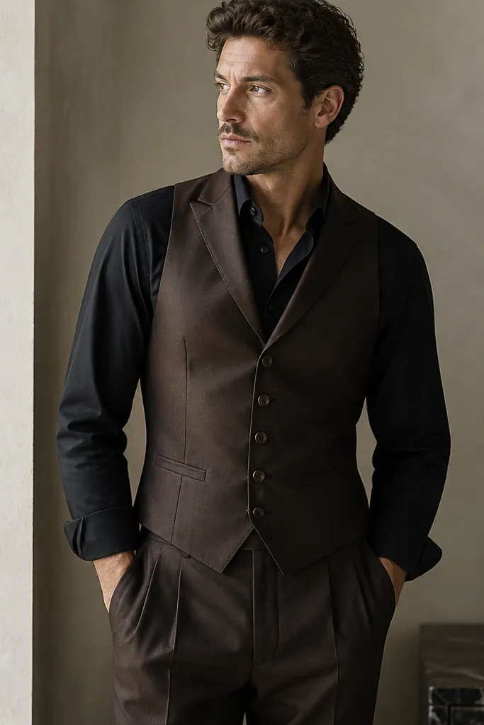 A men's formal ensemble: a chocolate espresso waistcoat over a black dress shirt, paired with matching deep brown trousers. The waistcoat has a subtle sheen and small structured lapels.