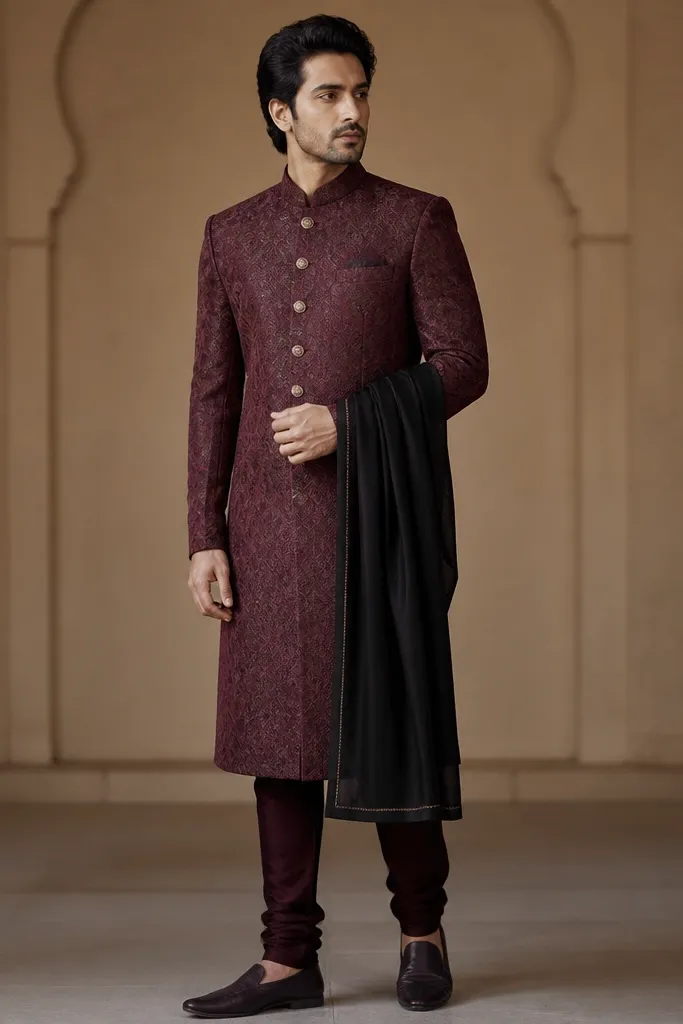 A burgundy maroon jacquard sherwani with a high collar and antique gold buttons. The model wears a black silk stole and dark maroon churidar.