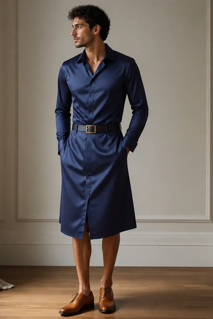 A men's formal navy satin shirt dress with long sleeves, a fitted waist, and a belt buckle in warm brass. The model wears tan leather shoes and a dark belt.
