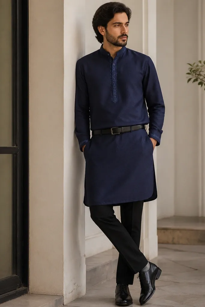 A deep indigo kurta with restrained embroidery at the placket and cuffs, worn with slim black trousers. The model has a simple black belt and dark leather shoes.