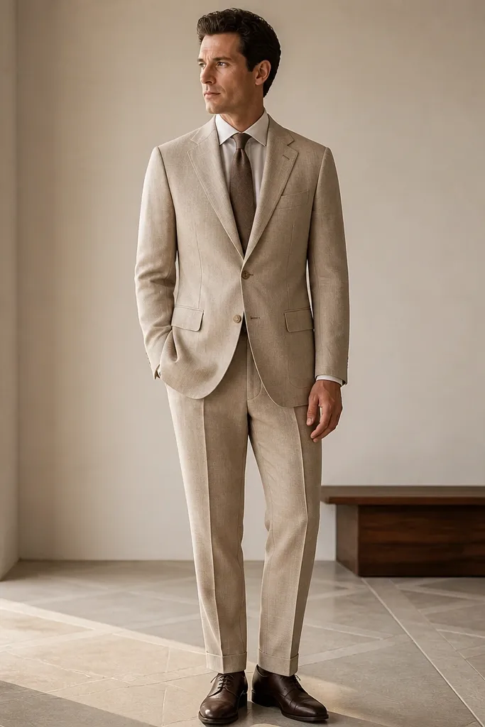 A sandstone beige linen-cotton suit dress for men, single-breasted and slightly textured, with a soft drape. The model wears espresso-brown leather oxfords and a muted tie.
