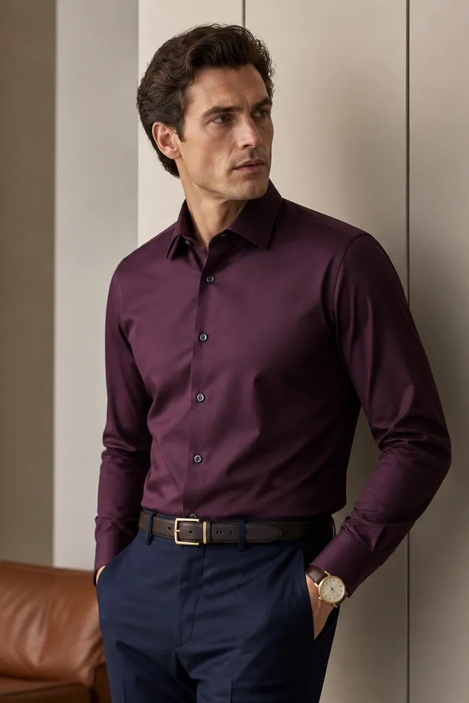 A plum berry dress shirt in a smooth woven fabric, paired with midnight navy trousers. The model wears a dark belt and a minimal watch with a warm gold tone.