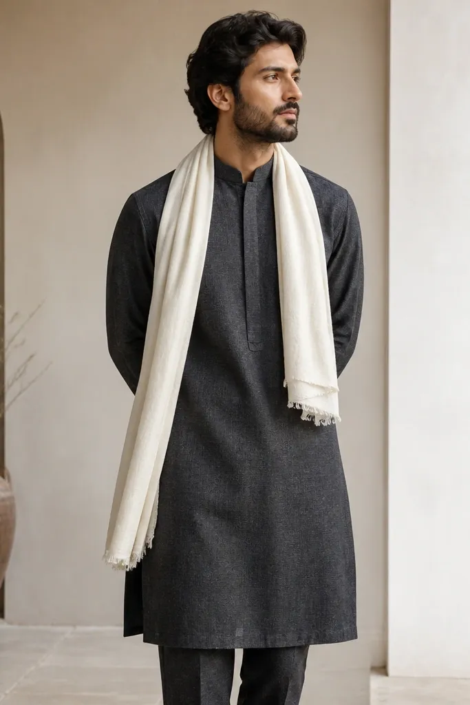 A charcoal wool long kurta with a high collar and subtle weave, worn with matching charcoal trousers. A warm ivory scarf is draped at the neck.