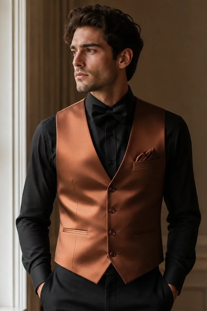 A copper-brown satin waistcoat layered over a black dress shirt and black trousers. The model wears a black bow tie and a copper-toned pocket square edge.
