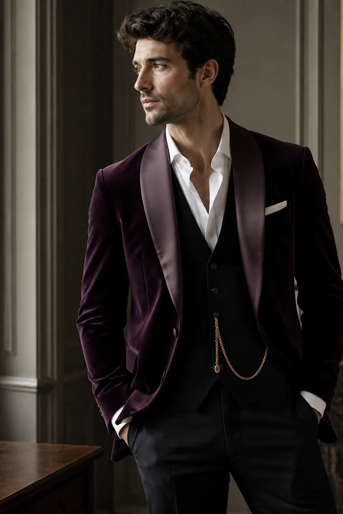 A deep plum velvet blazer with satin lapels, worn with dark trousers. The model has a rose-gold pocket watch chain and a simple white pocket square.
