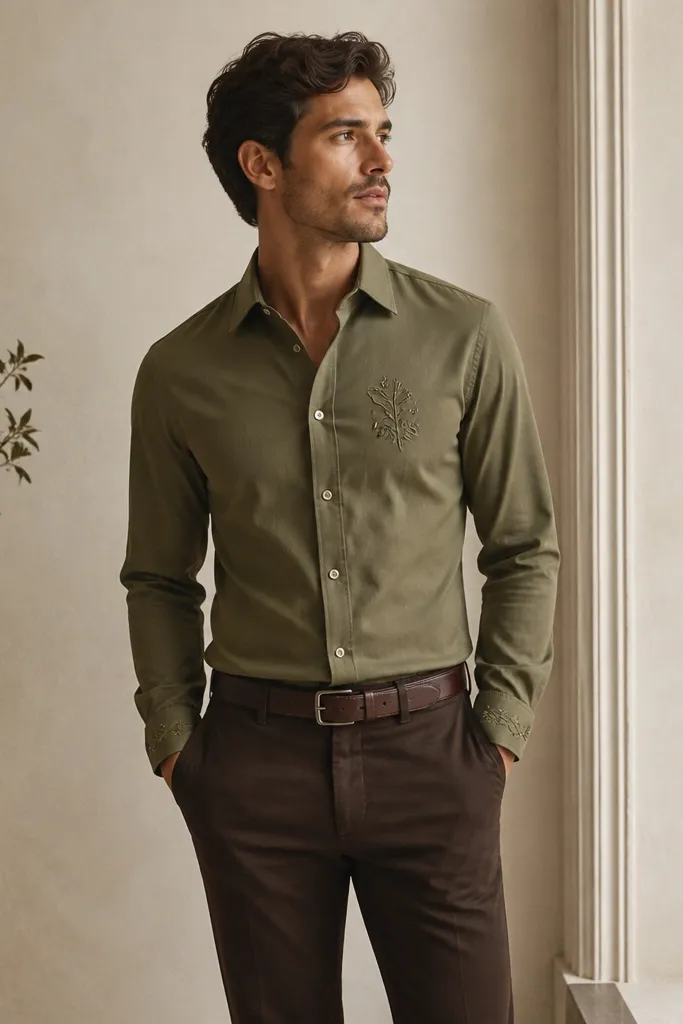 A structured olive-green dress shirt with small embroidery at the chest and cuffs, paired with espresso chinos and a dark leather belt.