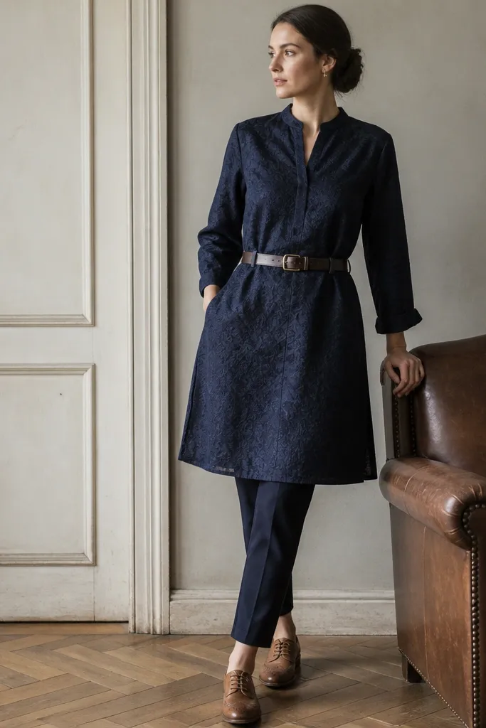 A midnight blue jacquard tunic dress with subtle raised pattern, worn with slim trousers. The model wears tan brogues and a dark belt.