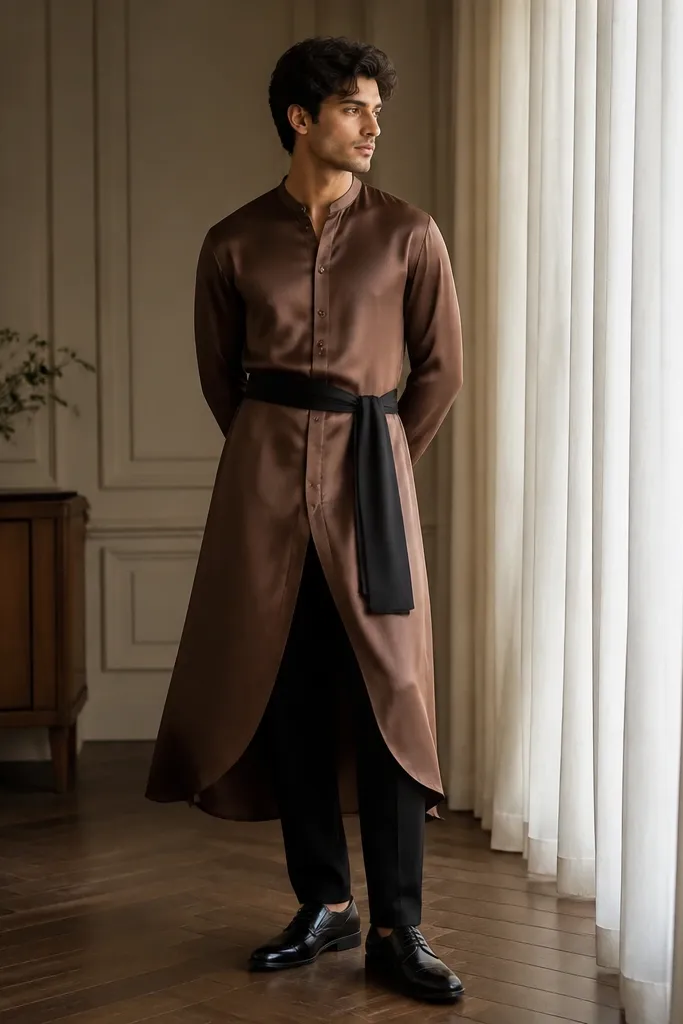 A warm chocolate satin kurta with a longer, gown-style length and a black mohair belt. The model wears black trousers and black dress shoes.
