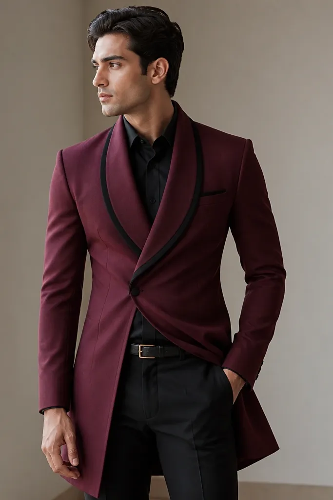 A maroon dress for men with black lapel trim and a fitted waist. The model wears black trousers and a black belt with a small gold buckle.