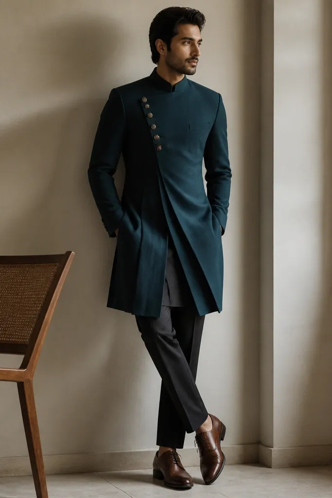 A deep teal crepe formal dress with a tailored bodice, subtle pleats, and bronze button details. The model wears dark trousers and polished brown leather shoes.