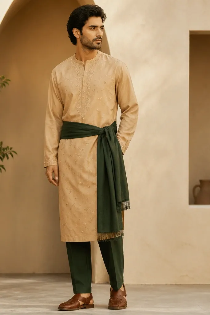 A warm sand-beige embroidered tunic with small tonal threadwork, paired with dark green trousers. The model has a dark green sash tied at the waist and brown leather sandals/loafers.