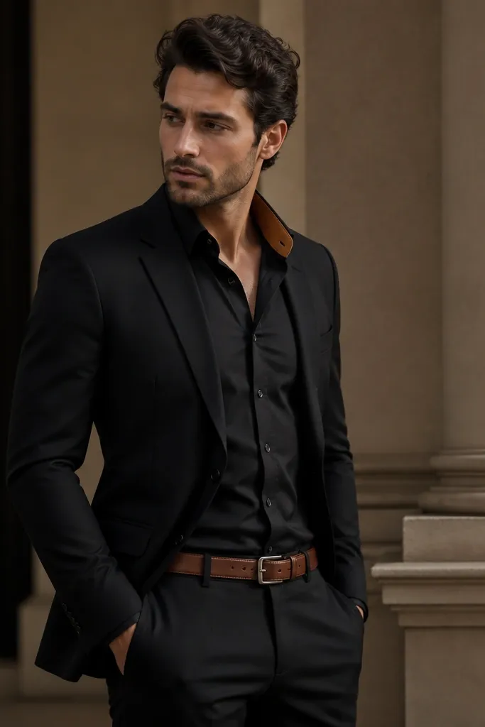 A classic black formal dress for men with a visible warm brown satin lining inside the collar. The model wears black trousers and a warm brown leather belt.