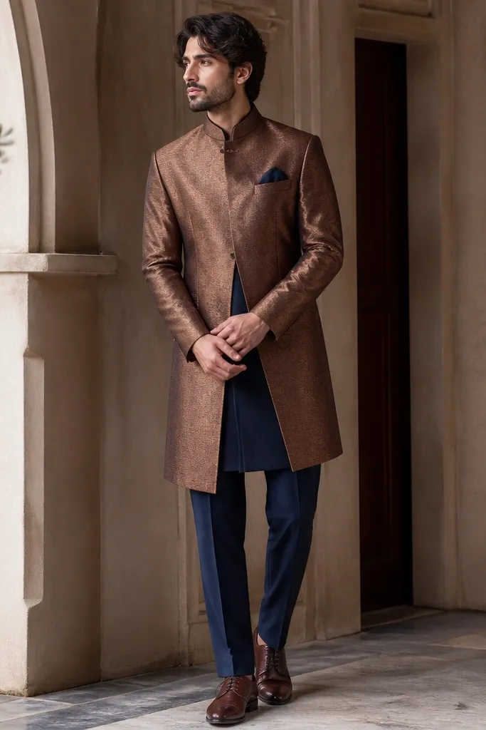 A cinnamon bronze formal dress with a subtle metallic sheen, layered over a deep navy base layer. The model wears navy trousers and dark brown dress shoes.