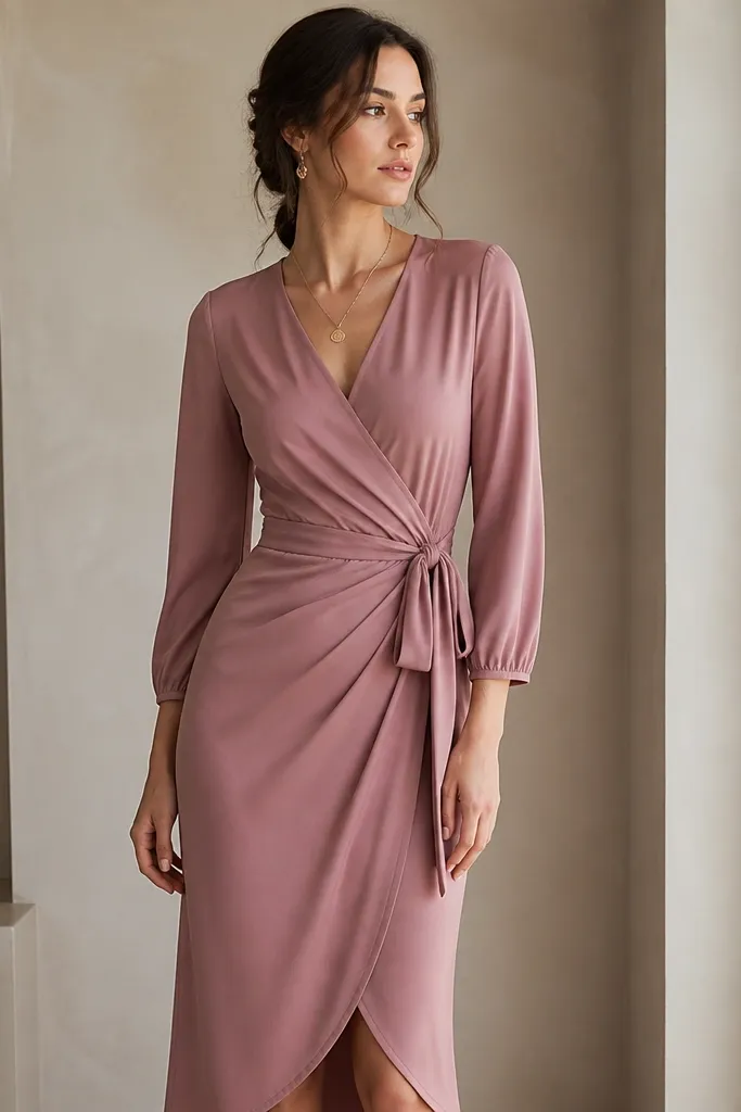 A formal, wrap-style dress in dusty smoky rose with a V neckline, fabric belt tied at the waist, and subtle gathered fabric at the side. The color looks muted and slightly gray, not bright pink.