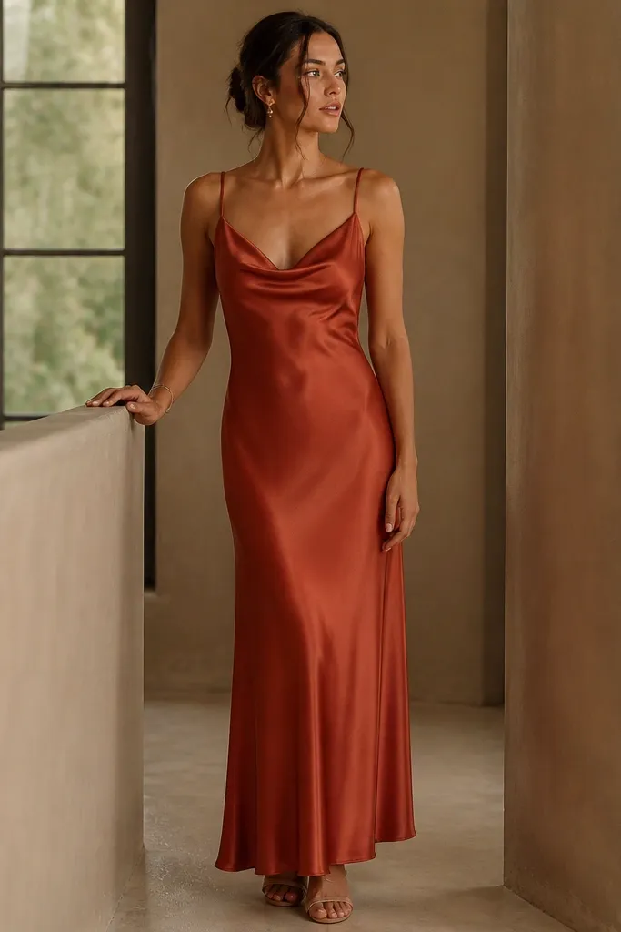 A formal terracotta satin dress with thin shoulder straps, a gentle cowl neckline, and a bias cut that falls straight to the ankles; the fabric catches warm light with a soft sheen.