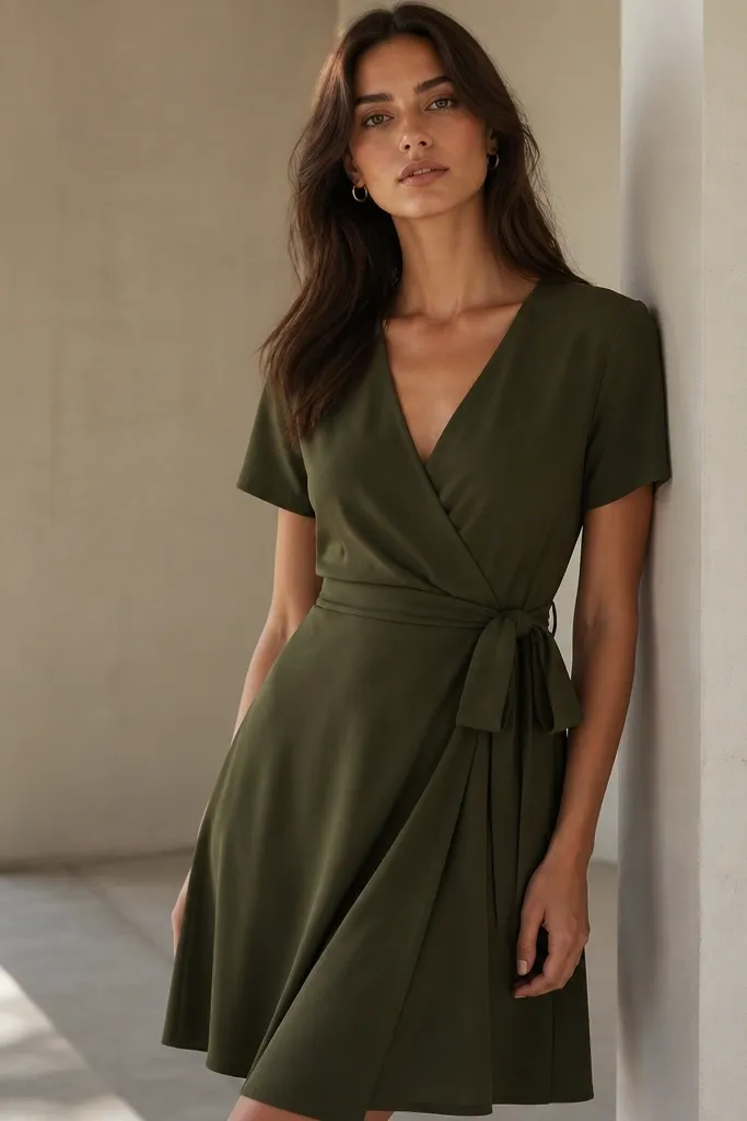 A deep olive wrap dress with a V-neck, a self-tie belt at the waist, and a slightly flared skirt; the fabric looks like structured crepe with a smooth surface.
