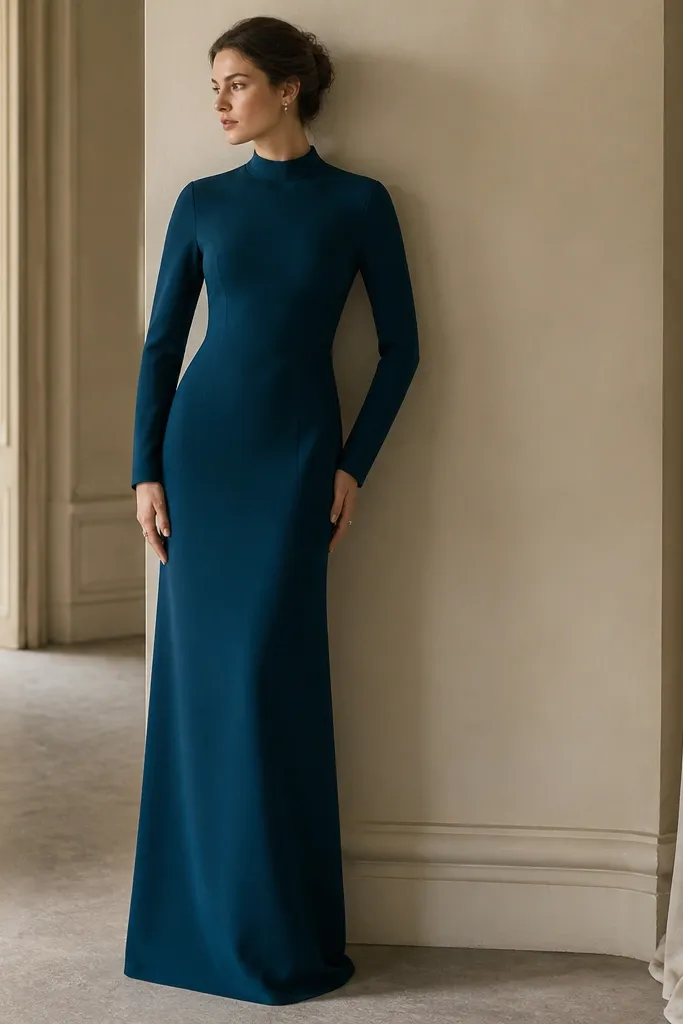 A floor-length, column cut dress in deep teal with a high neckline and long sleeves. The fabric appears smooth and heavy with minimal shine, and the seams are clean and straight.