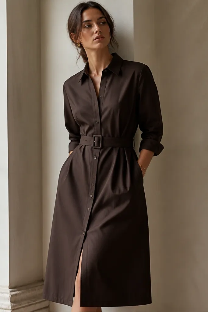A formal shirt dress in espresso brown with a button front, structured collar, and a belt that cinches at the waist. The fabric looks like matte cotton-silk or crisp crepe with tight stitching.