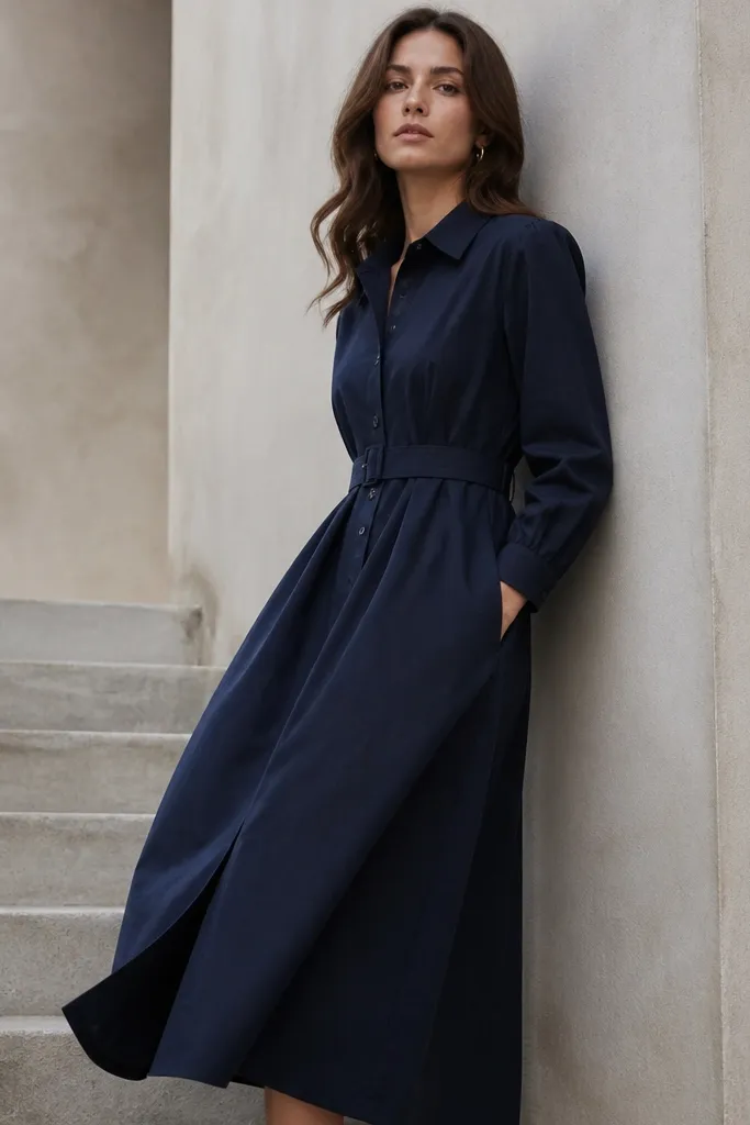 A midnight navy long shirt-dress with a button-front, structured shoulder seams, a slim waist belt, and cuffed sleeves; the fabric appears to be dense cotton or cotton-silk blend.