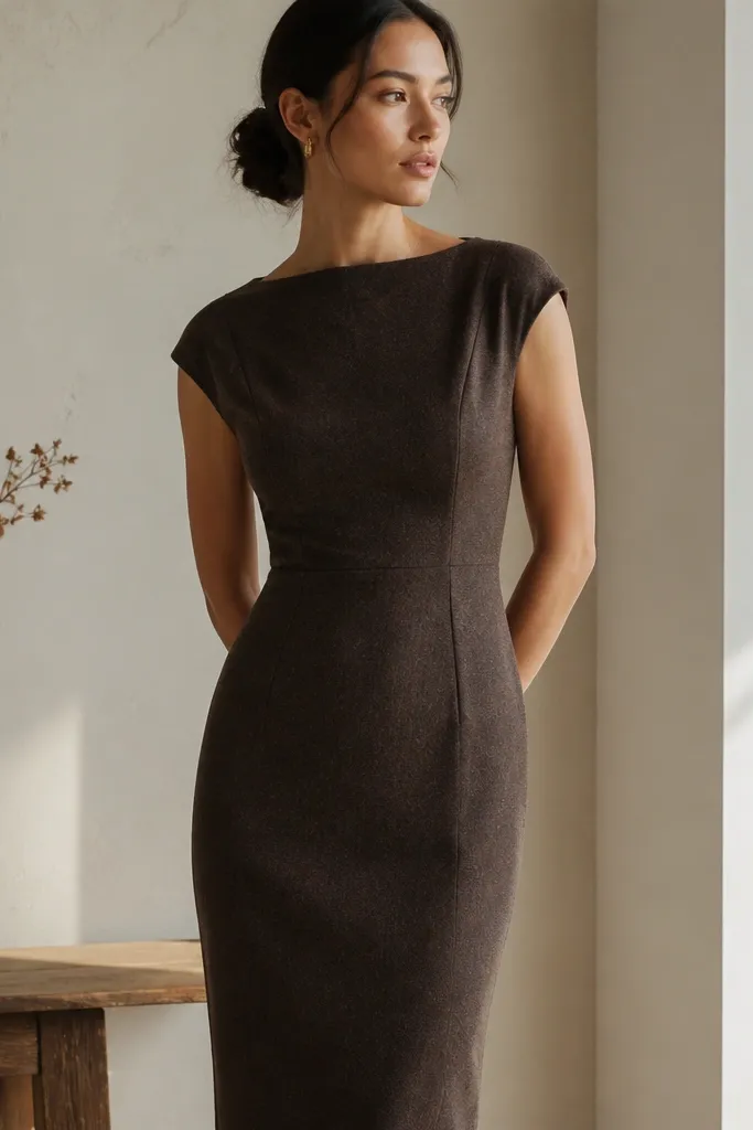 An espresso brown wool blend dress with a fitted bodice, clean seams, and a straight skirt; the surface has a fine heather texture.