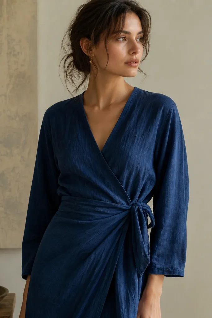 A wrap dress in indigo with subtle dye variation and a V neckline. The fabric has a textured, slightly grainy look and drapes in soft folds at the waist.