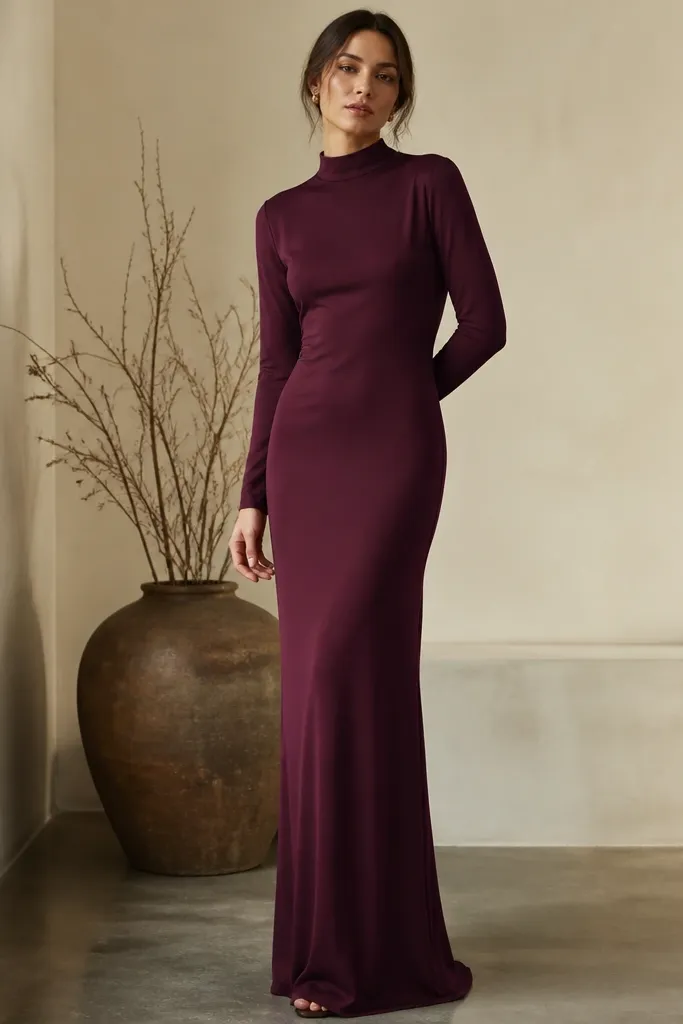 A burgundy plum column dress with a high neckline, long sleeves, and a column silhouette that skims the body; the fabric looks like matte satin-backed crepe.