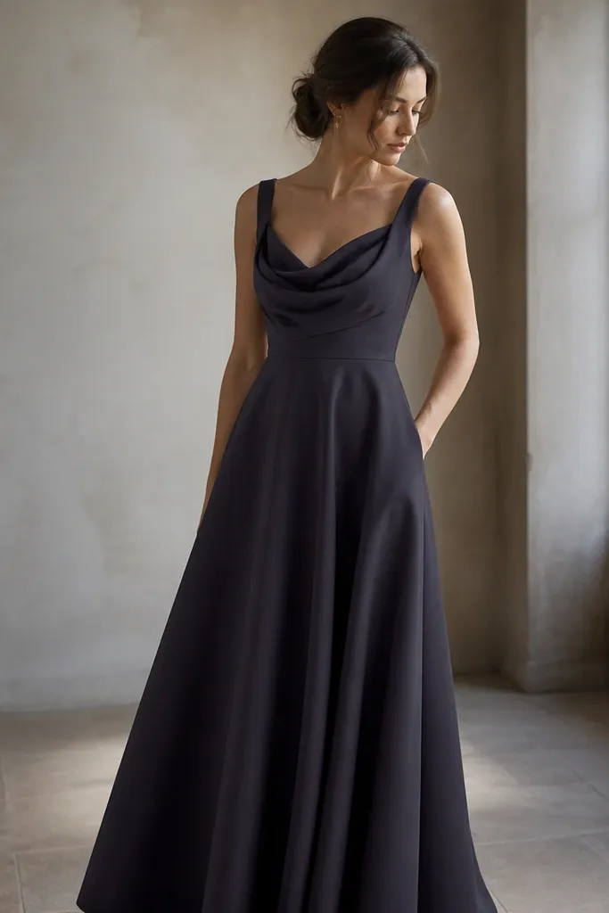 A charcoal plum formal dress with a softly draped bodice and a slightly flared skirt. The color reads dark purple but has a gray cast, and the fabric looks heavy with a matte finish.