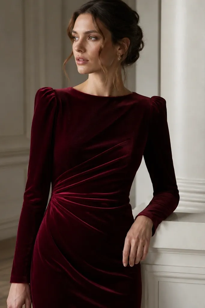 A burgundy formal dress with a velvet-like texture, long sleeves, and a modest neckline. The fabric catches light softly with a low sheen, and the silhouette looks tailored through the torso.