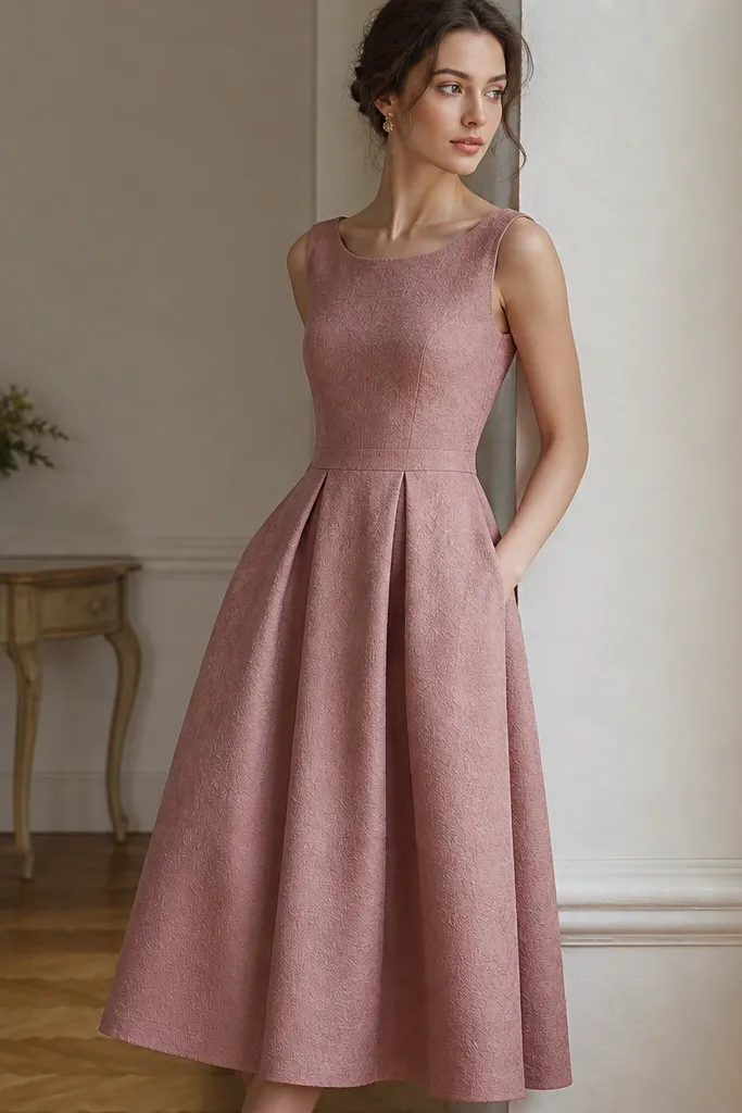 A dusty rose structured midi dress with a fitted waist seam, a modest scoop neckline, and a skirt that falls in soft pleats; the fabric looks like structured jacquard crepe.