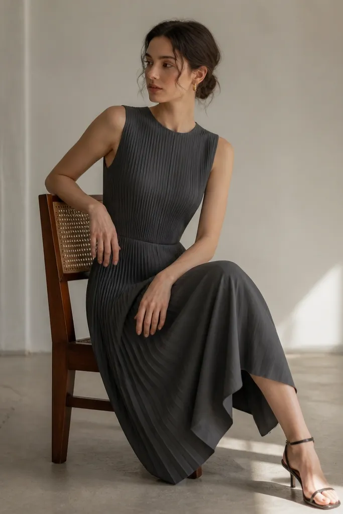 A charcoal smoke grey dress with fine vertical pleats, a fitted top panel, and a midi hem; the fabric looks like mid-weight polyester twill with a clean drape.
