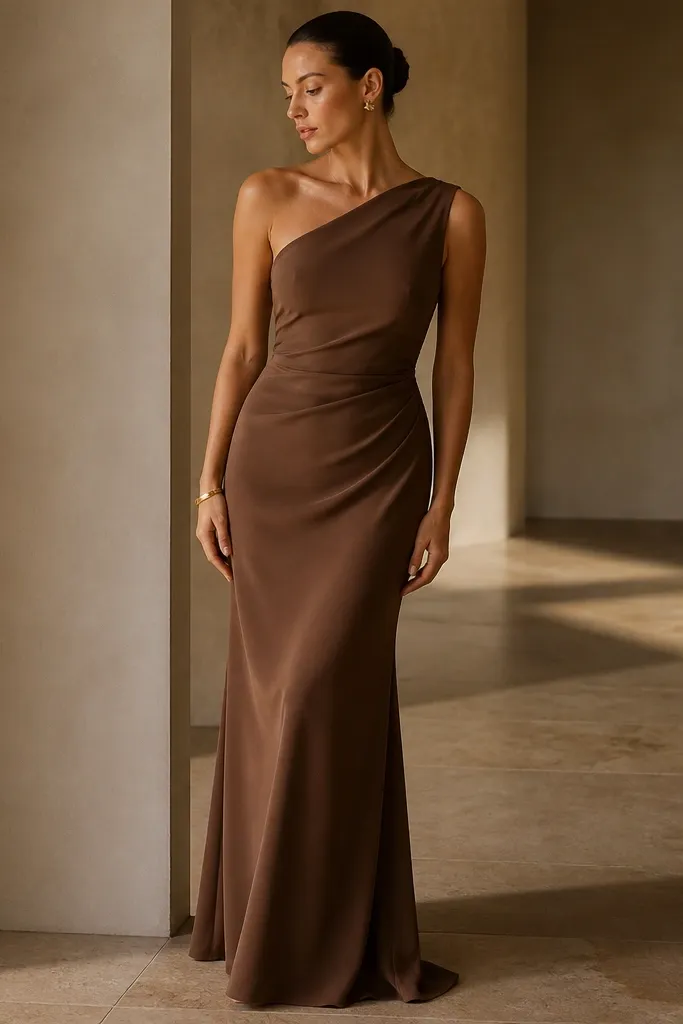 A one-shoulder formal dress in tobacco brown with a smooth, slightly structured bodice and a clean drape down the body. The fabric looks like satin-back crepe with minimal shine.