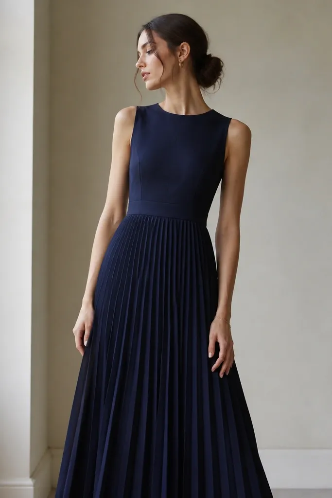 A midnight navy formal dress with fine pleats from the waist, a fitted bodice, and a round neckline. The fabric is matte and the pleats hang cleanly without bulk.