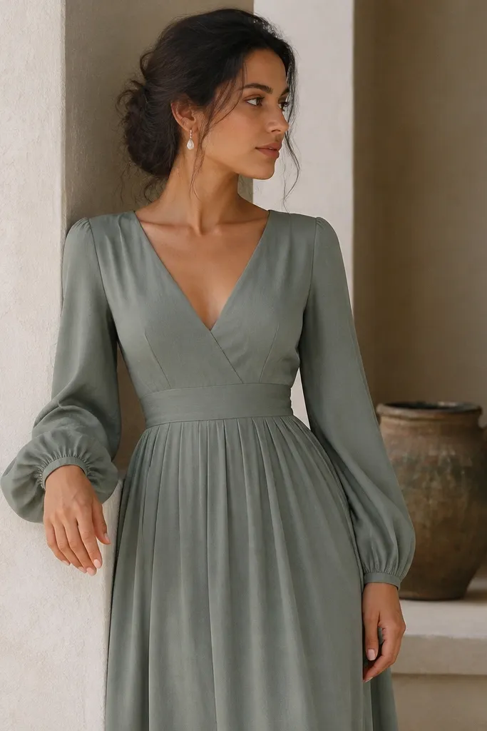 A sage smoke green formal dress with a soft V neckline and long sleeves. The fabric looks matte and slightly textured, and the color is muted with gray undertones.