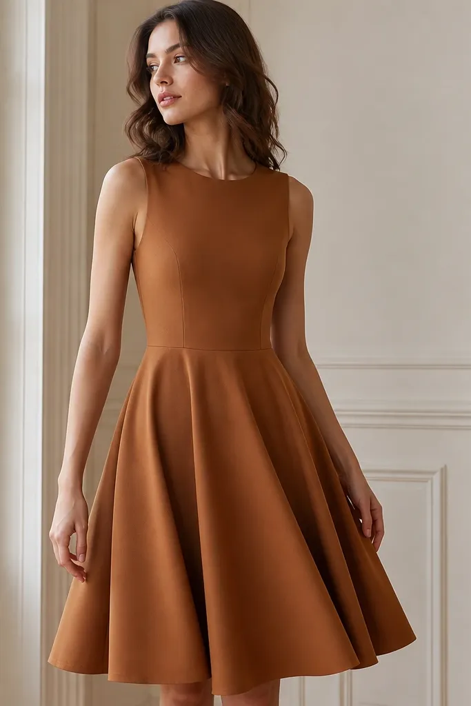 A cognac crepe dress with a fitted bodice, a flared skirt starting at the high waist, and a simple round neckline; the fabric is matte and smooth.