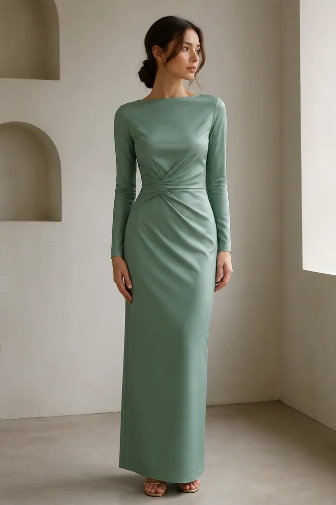 A sea glass green formal dress in satin-back crepe with a smooth surface and soft sheen. It has a fitted torso, long sleeves, and a skirt that falls straight to the ankle.