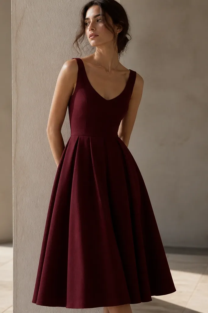 A black cherry red midi dress with a fitted waist and a flared skirt. The fabric is matte with a deep burgundy-red cast, and the neckline is a simple scoop or modest V.