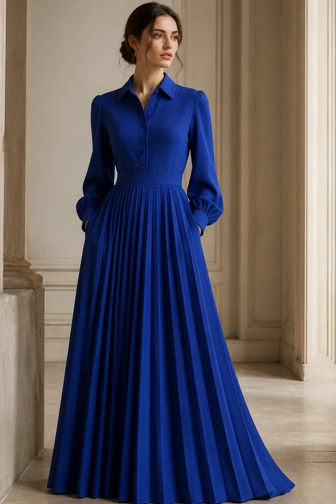 A royal sapphire blue maxi dress with long sleeves, a buttoned bodice, and wide pleats down the skirt; the pleats look crisp and evenly spaced.