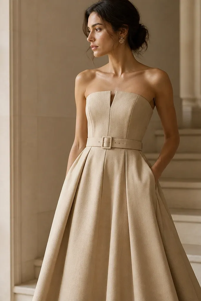 A sandstone beige formal dress with a structured bodice and a belt at the waist. The fabric looks matte and woven, with a slight warm cream tone and no yellow neon cast.