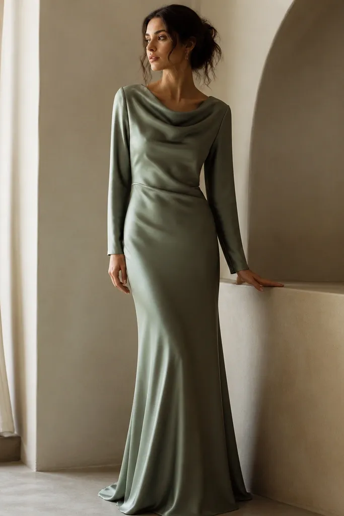 A smoke green evening dress with a draped neckline, long sleeves, and a bias cut skirt; it has a soft silk sheen and smooth surface.